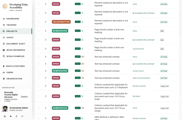 Accessibility findings list with review statuses, criteria, and affected pages; demonstration data