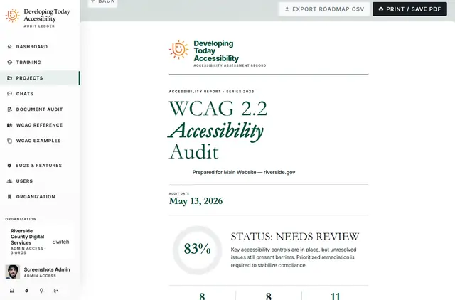 Developing Today Accessibility report cover with WCAG 2.2 assessment summary and print or save PDF controls; demonstration data