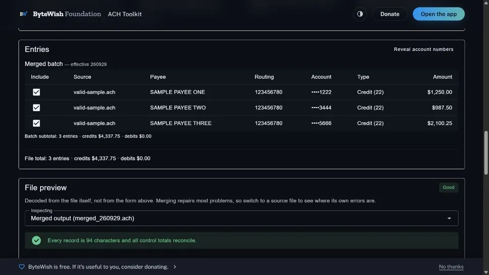 ACH Toolkit displaying three synthetic payees, batch totals, and reconciled control totals