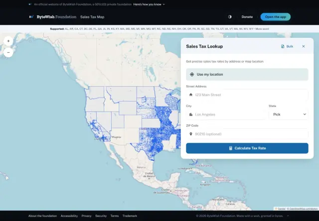 Sales Tax Map showing loaded jurisdiction boundaries and its address lookup panel